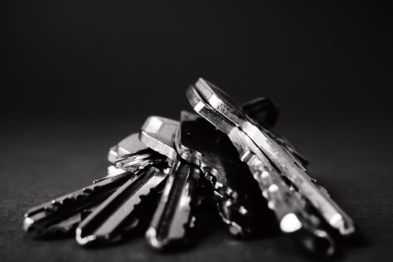 portfolio-05 A close-up shot of a pile of metallic keys on a dark surface, emphasizing security and precision.